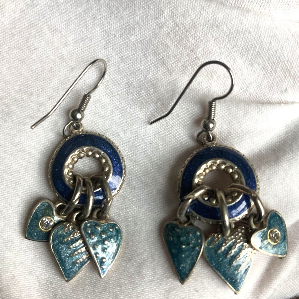 Silver Heart Dangle Earrings Blue Enamel Rhinestone Detail Signed on Back - Picture 4 of 7